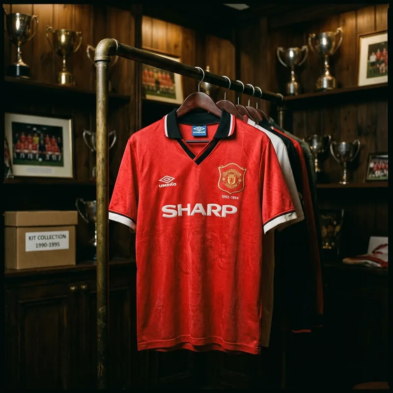 Vintage 1990s Manchester United red shirt hanging in trophy room
