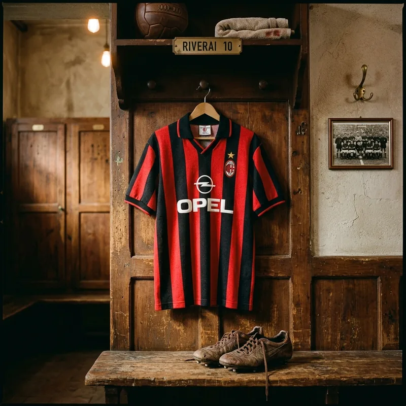 Vintage AC Milan Rossoneri striped shirt in historic wooden locker room