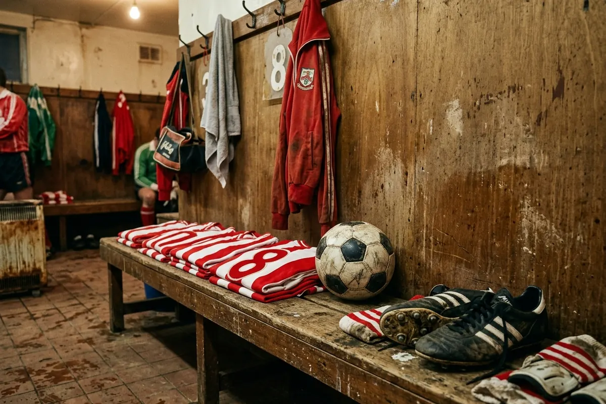 Vintage football jerseys hanging in a historic wooden locker room