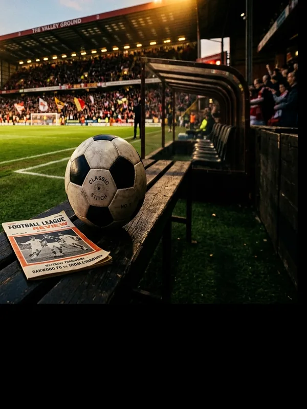 World Cup vintage football ball and programme under stadium lights