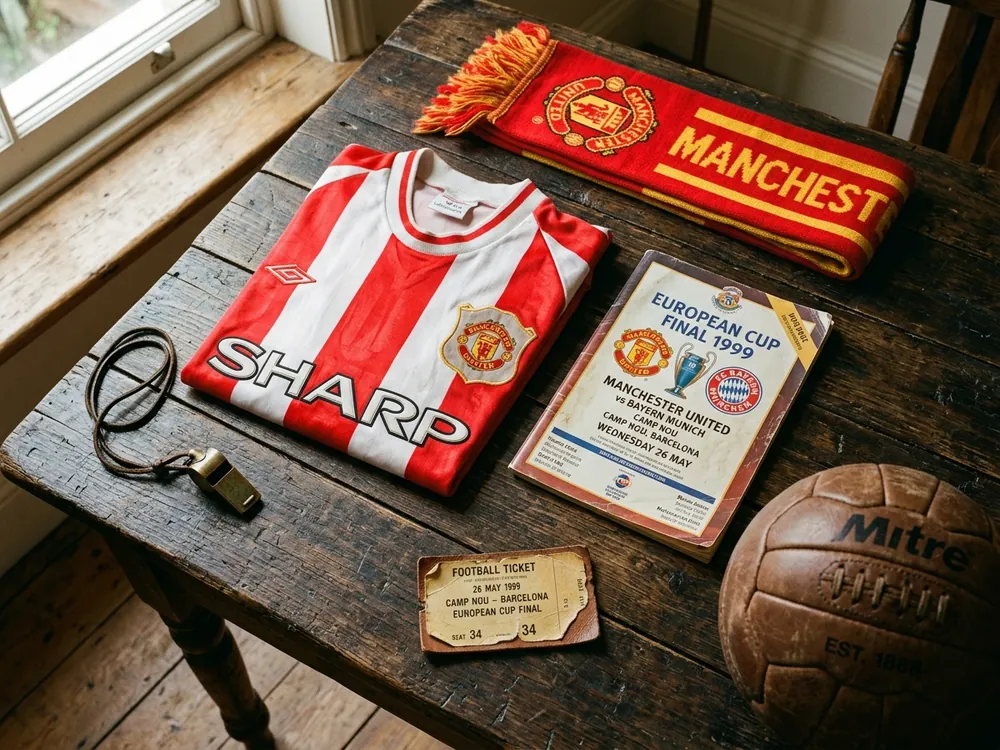 Vintage matchday programme, folded classic shirt, and 1999 ticket stub